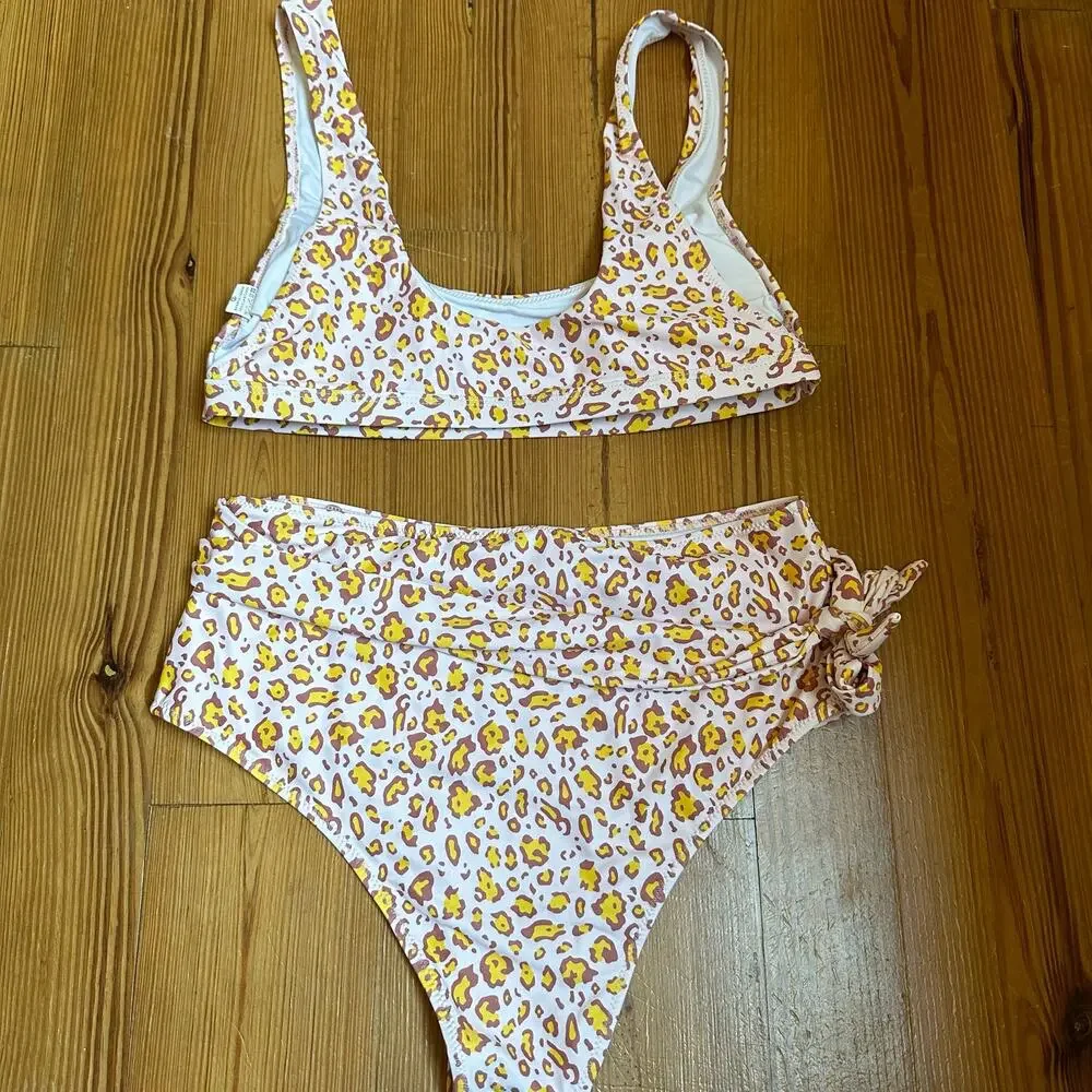 Pink neutral cheetah print high waisted‎ two piece SIZE L
